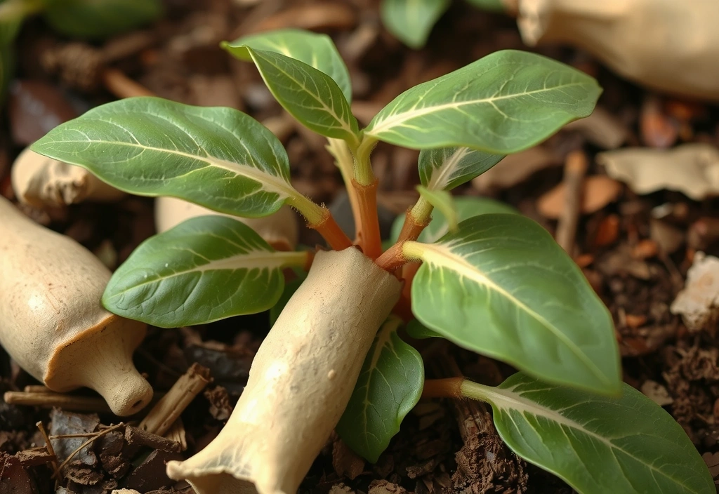 Ashwagandha root and leaves, depicted in a natural, earthy setting, emphasizing its traditional and herbal qualities.