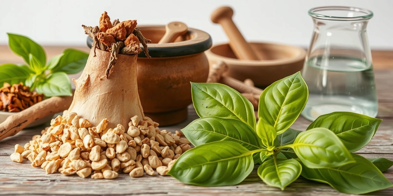 Hero image for an article about adaptogens, showing various adaptogenic herbs like Ashwagandha, Rhodiola, Ginseng, in a beautifully arranged, natural setting, perhaps with a mortar and pestle or scientific glassware in the background.