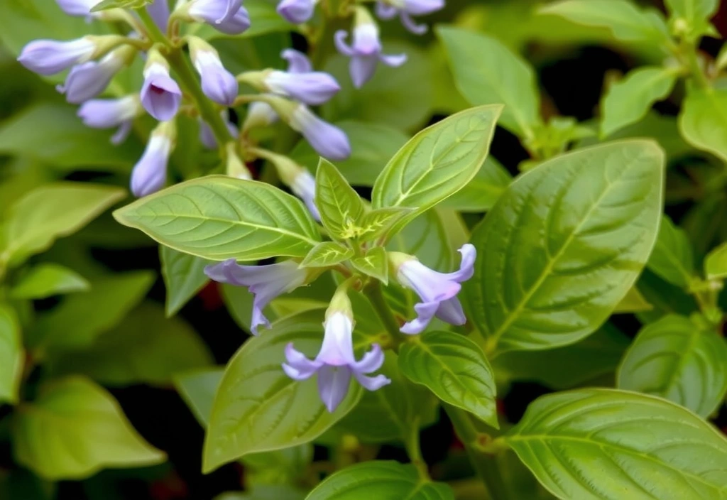 Holy Basil (Tulsi) leaves and flowers in a vibrant, green garden setting, conveying freshness and vitality.
