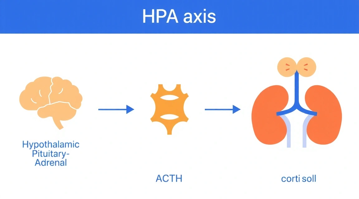 Illustration of the HPA axis, showing the hypothalamus, pituitary gland, and adrenal glands, with arrows indicating hormonal pathways, in a clear, educational style.