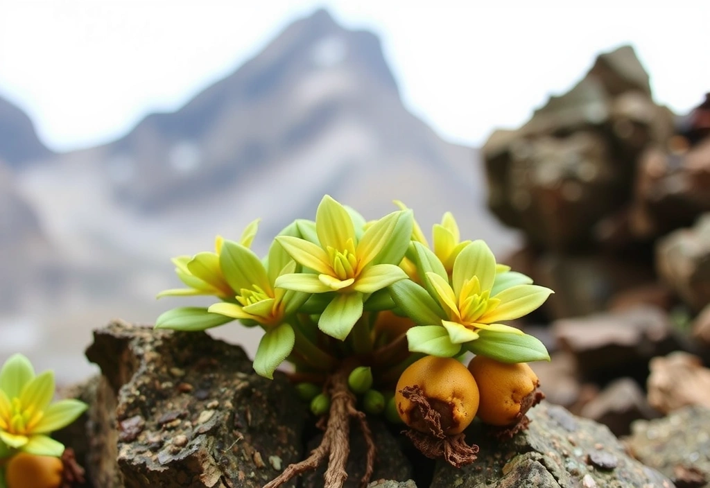 Rhodiola Rosea plant with its distinctive golden roots, shown in a rugged, mountainous environment.