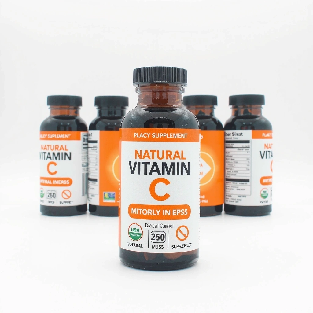 Product shot of a natural vitamin C supplement bottle