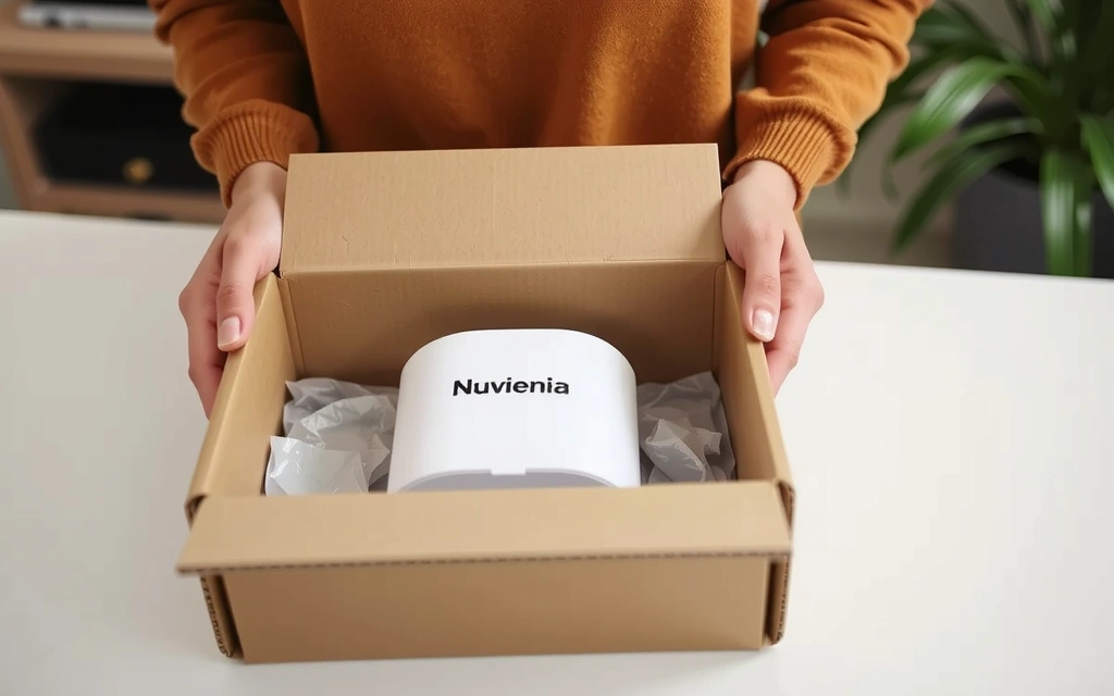 A pair of hands carefully packaging a product for return into a branded box.