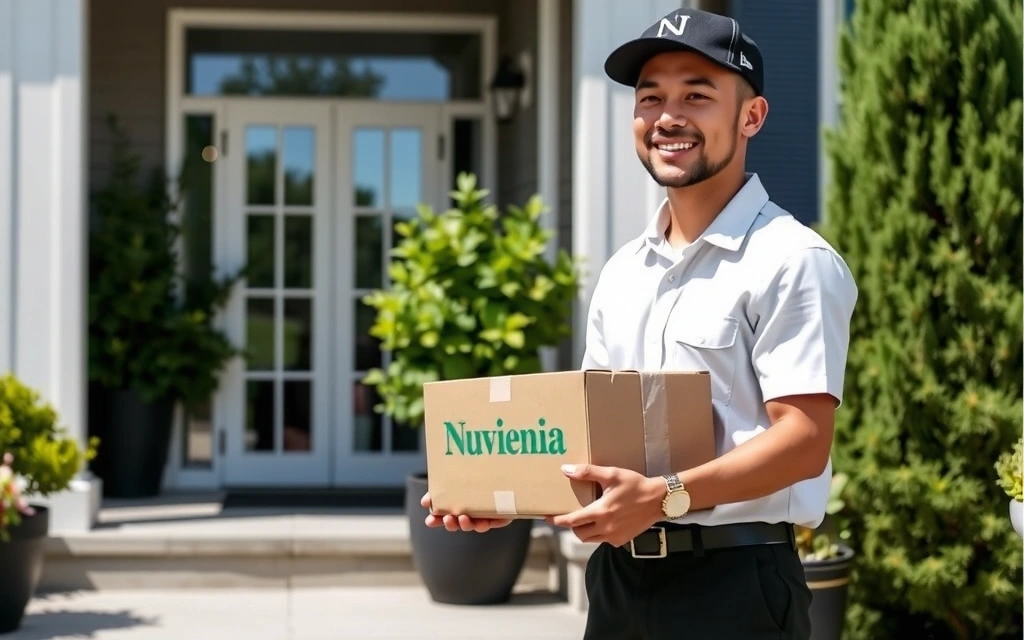 A package being delivered to a doorstep by a delivery person.