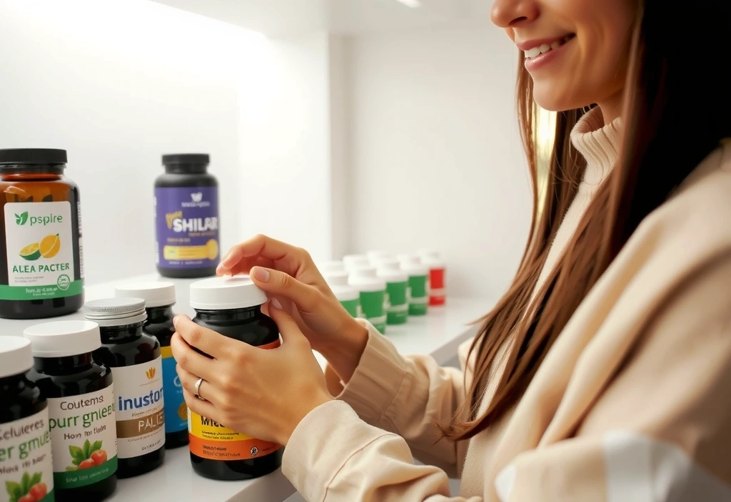A person thoughtfully choosing between different supplement bottles, symbolizing personalized nutrition.